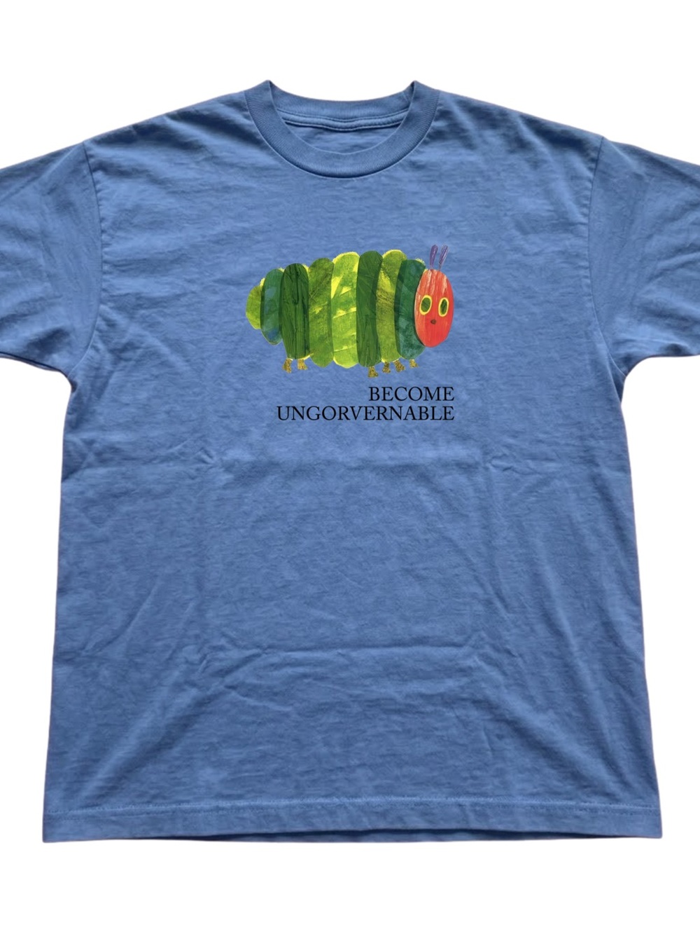 Blue Graphic Tee with Green Caterpillar Print, Gift For Her, For Him